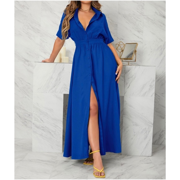 BellanBlue Dresses & Skirts - Boho Royal Blue Button up Oversized Maxi Dress